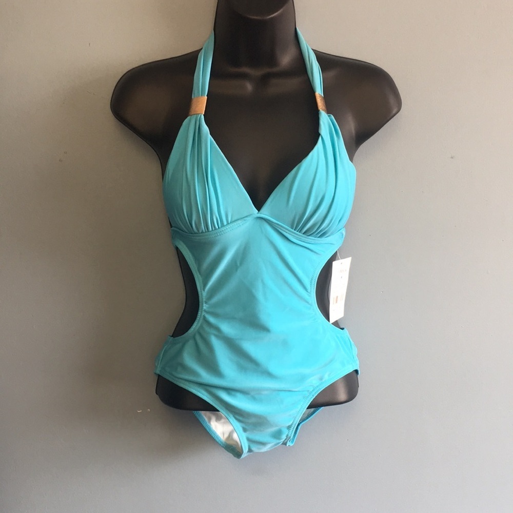 One Piece Swimsuit- Solid Aqua Blue Side Cutout Backless: Size Medium